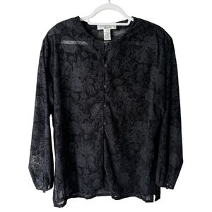 Jones Wear Vintage Black Floral Blouse Size 12 Cocktail Party Office Semi Sheer